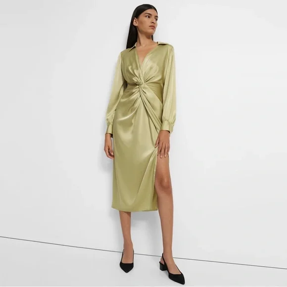 Theory Women’s Satin Twist Front Midi Dress Elegant Cocktail Evening Wear Sz 10 - Picture 3 of 10